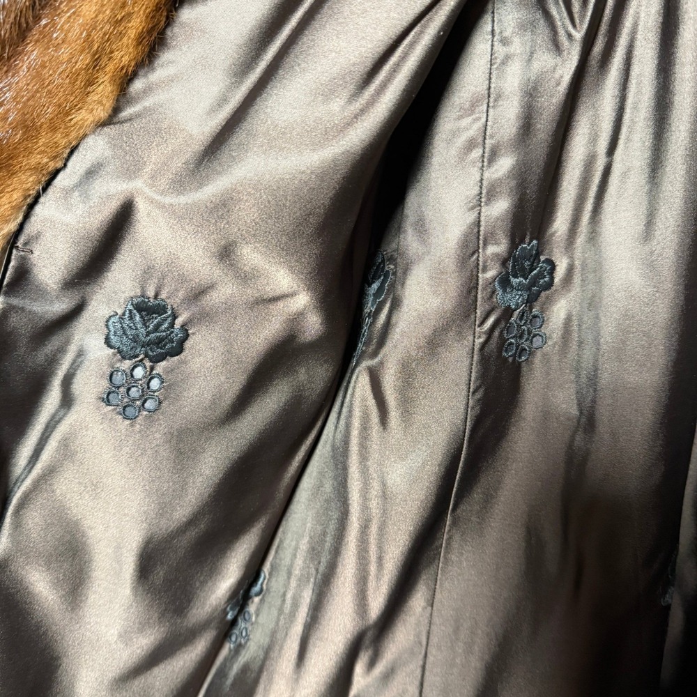 Rifken's Mink Fur Coat Women M/L Brown Vintage 50s Mid-Length Embroidered Lining - Picture 3 of 9